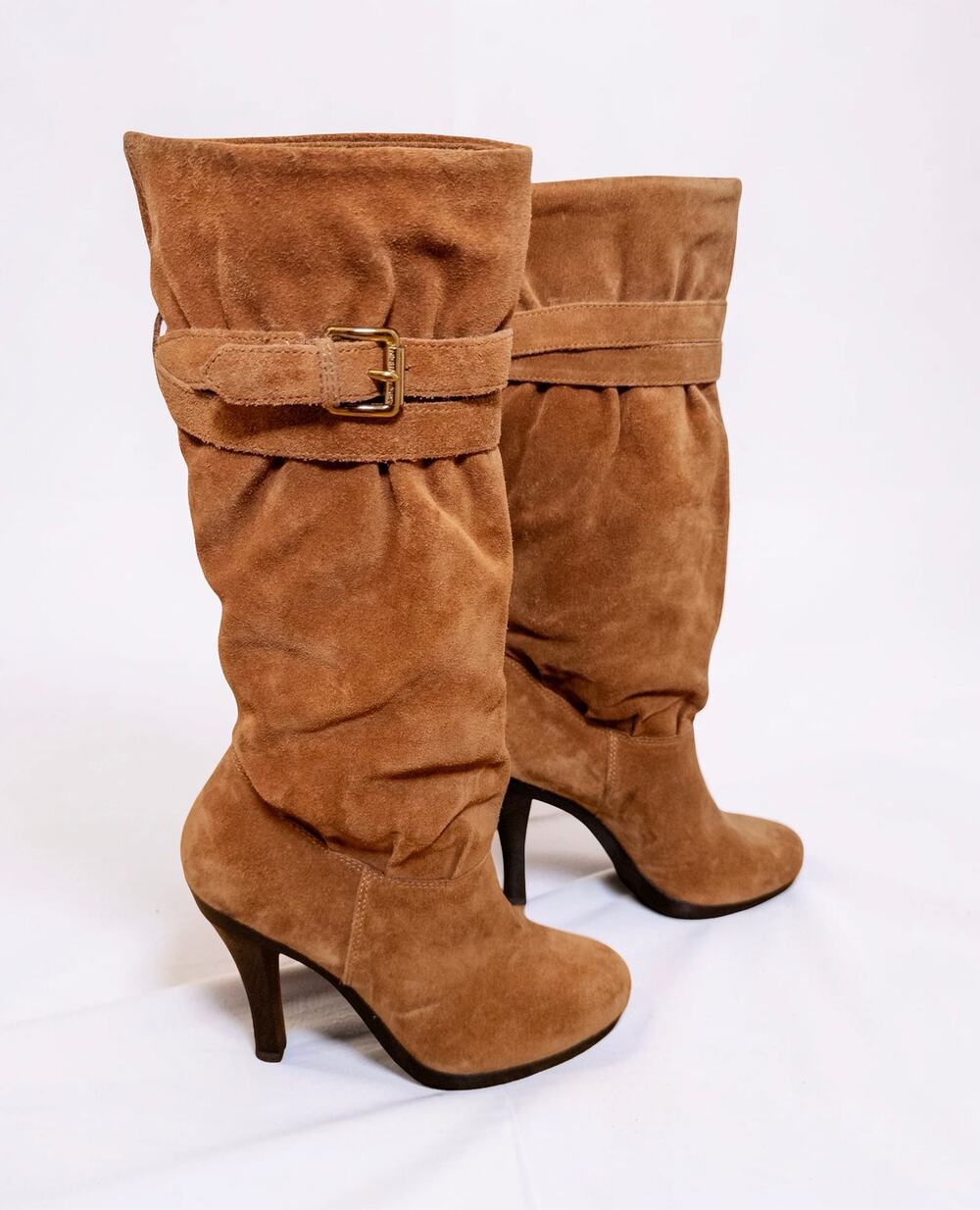 Michael Kors Brown Suede Buckle Slouch Knee High Heel Boots Size 7
